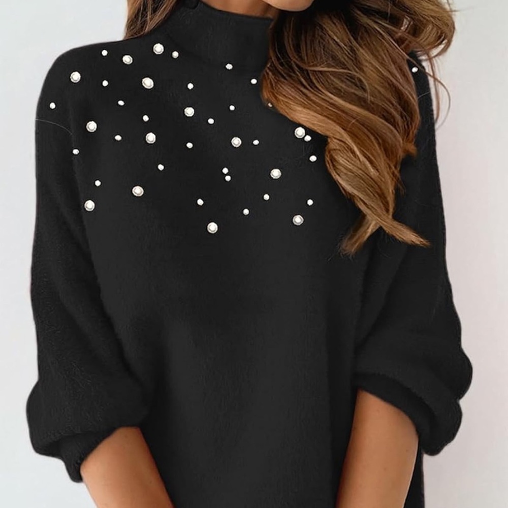 Pearl Beaded Black Sweater Mock Neck Pullover Top sz L New